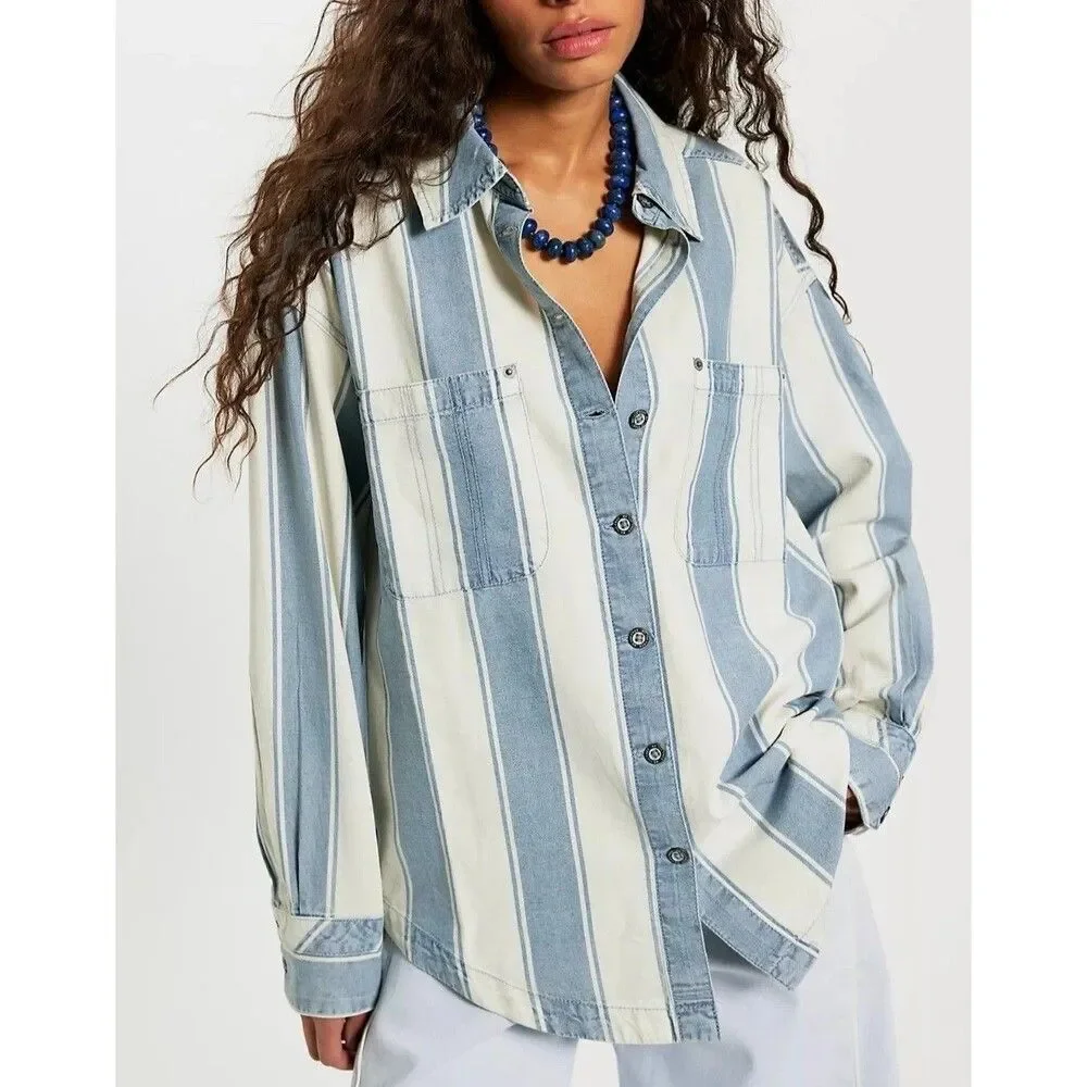 Free People We The Free Crossroads Striped Button Down Shirt Top Print XS 288557
